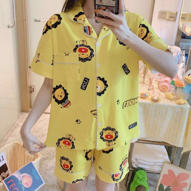 Piyama pdk katun motif lion yellow.pajamas/homewear/sleepwear katunpendek motif lion kuning kekinian