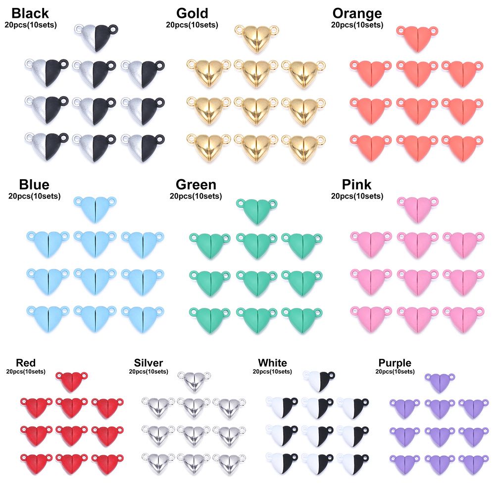 ROW 20pcs(10sets) Handmade Couple Bracelet Necklace Magnetic Buckle Connected Clasps Charms End Caps DIY Crafts Jewelry Findings Beads Love Heart/Multicolor