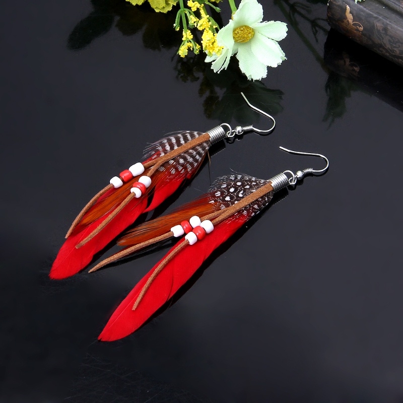 SIY  1 Pair Bohemia Handmade Natural Goose Feather Beads Tassel Dangle Earrings Women