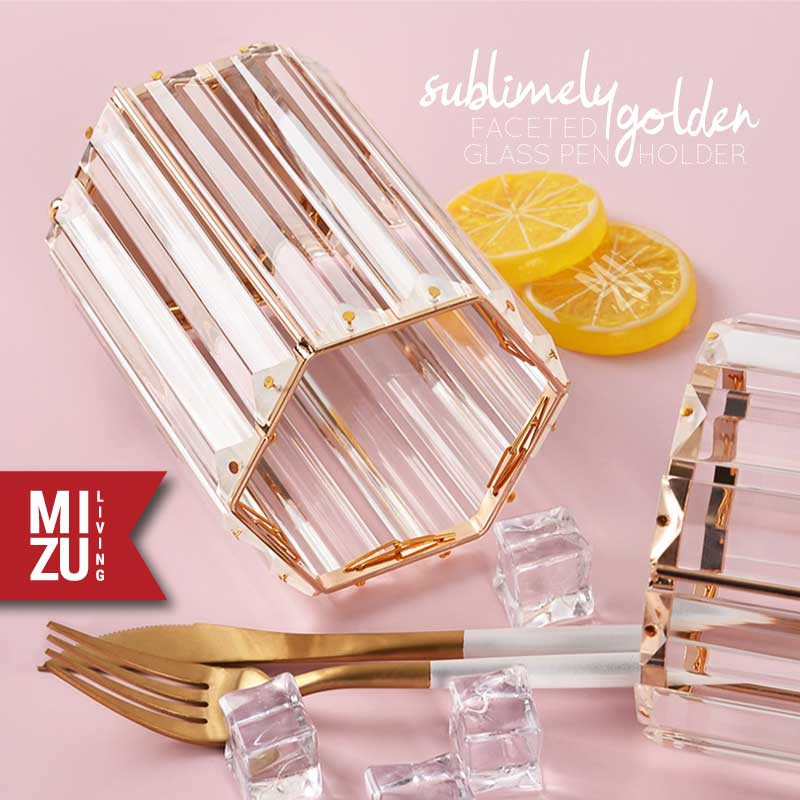 SUBLIMELY GOLDEN FACETED GLASS Pen Holder Glass Stationery Stand Tempat Pensil Alat Tulis Kaca Emas