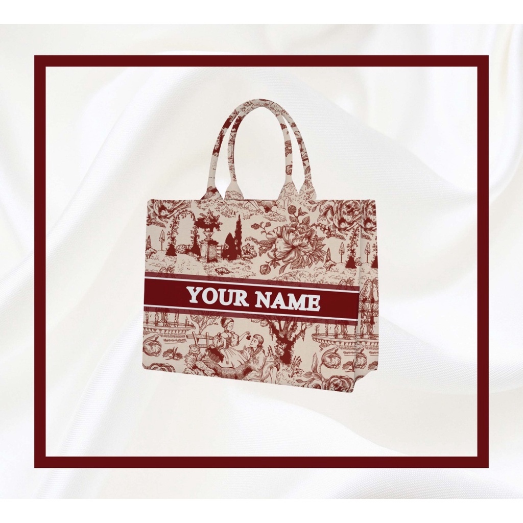 Tas Kanvas Print Motif Vintage Anak Warna Merah Marun