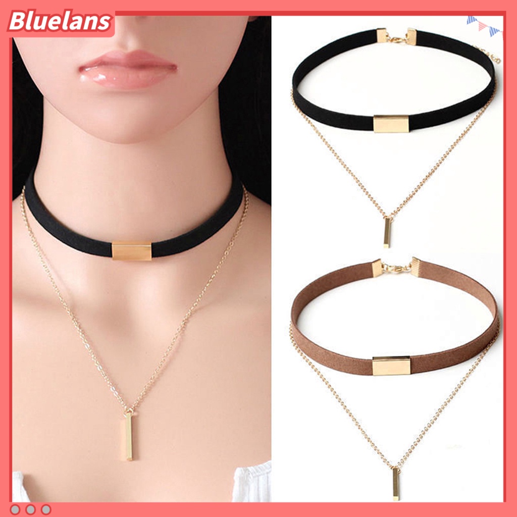 Bluelans Women Vintage Punk Faux Suede Multilayer Polished Clavicle Choker Necklace Pendant