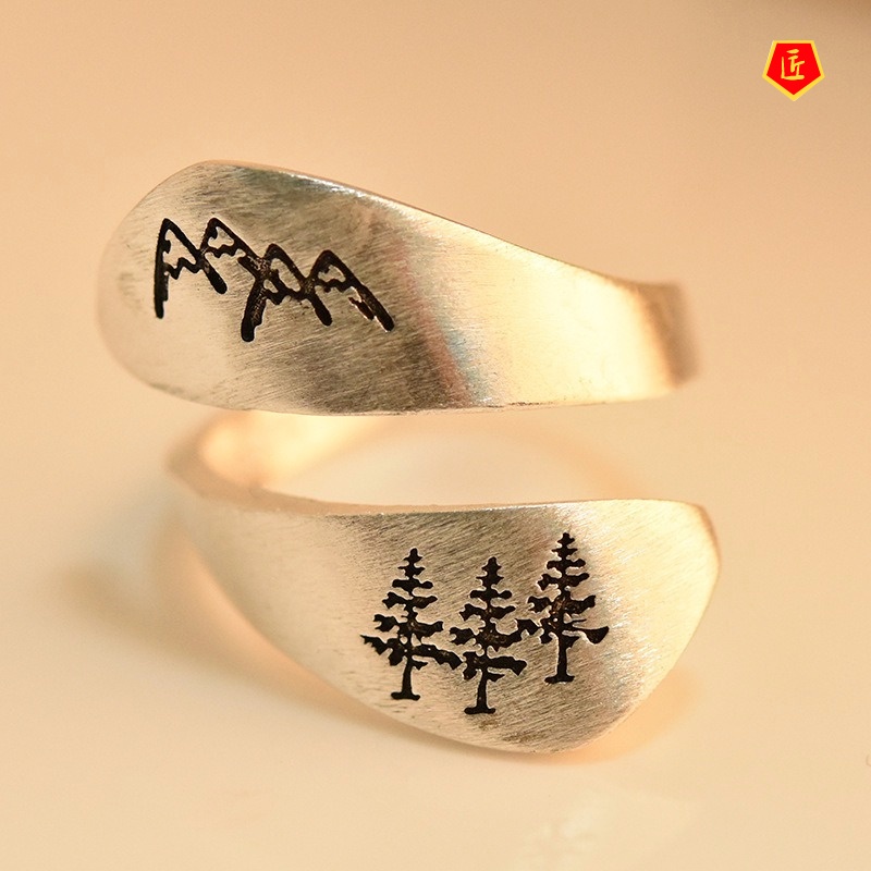 [Ready Stock]S925 Silver Hand-Brushed Mountain Tree Ring