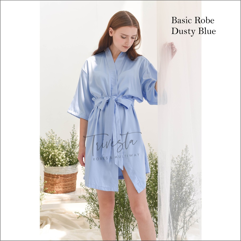 Basic Robe - KIMONO BRIDESMAID SATIN WARNA DUSTY BLUE + FREE BORDIR (TULISAN BEBAS BISA NAMA)