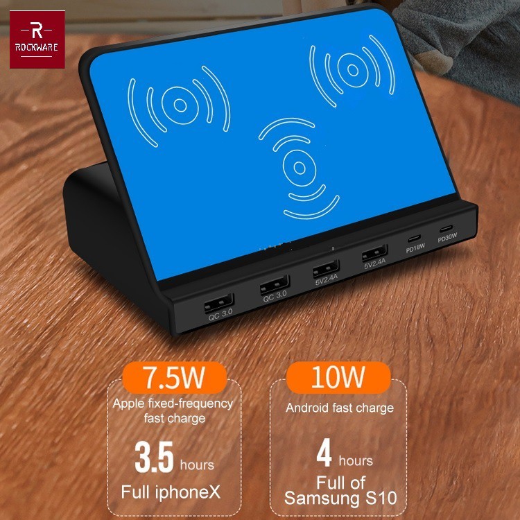 ROCKWARE 819 - 4 USB and 2 PD Port with Qi Wireless Charging - 120W - Charger Multiport Up To 9
