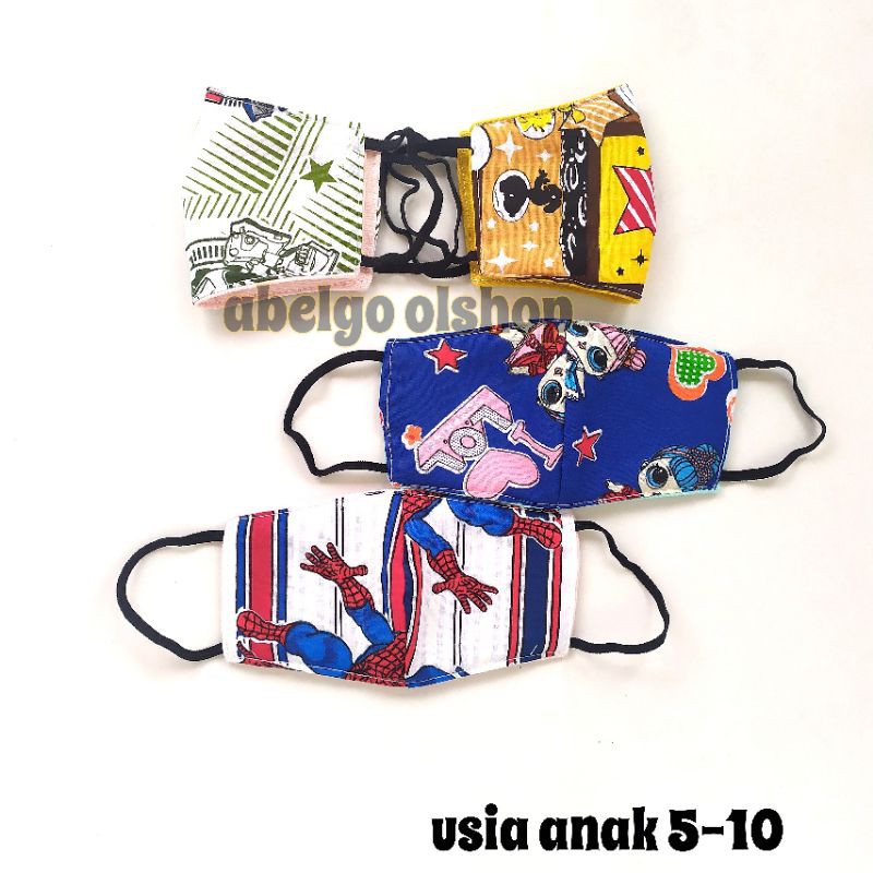 12 pcs- masker kain anak 3 lapis motif/masker kain 3ply erloop anak usia 3-10Th