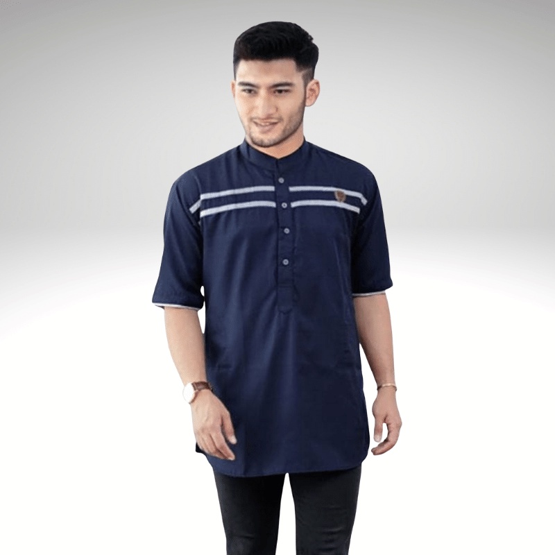 Baju Koko Kurta Dewasa Lengan Pendek Material Catton Adem Serap Keringat-Navy