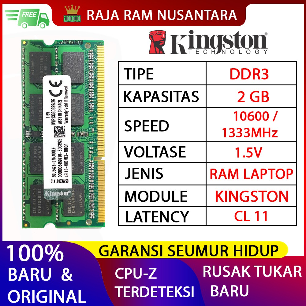 RAM LAPTOP KINGSTON DDR3 2GB 10600 / 1333 MHz ORI RAM