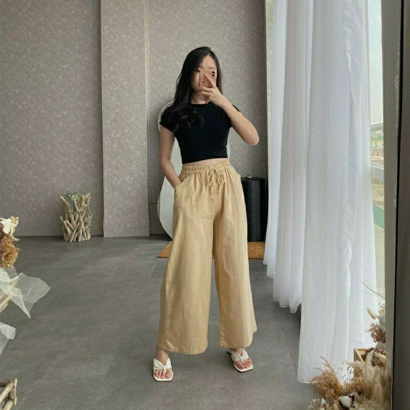 Celana KULOT LINEN All Size Pinggang Full karet model Highwaist Pakai Tali