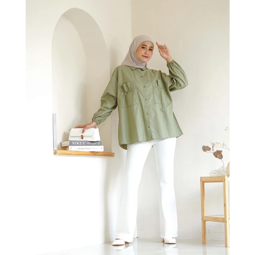 Cantika Top Kemeja Saku Remple Blouse Oversize Nara Shirt Katun Paris Atasan Wanita