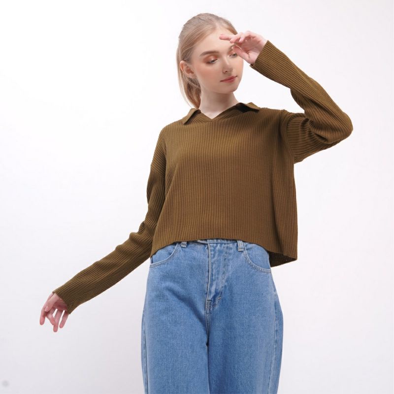 Collar crop//Polo Knit Crop //Atasan rajut Wanita Berkerah Polo