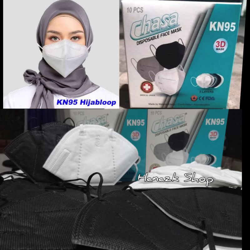 MASKER HIJAB KN95 HEADLOOP 5PLY CHASA 1 PACK ISI 10PCS HITAM DAN PUTIH