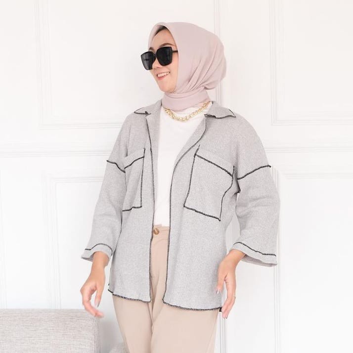 Baju Outerwear Hijab Fashion Wanita Muslim Miku Cardigan Grey