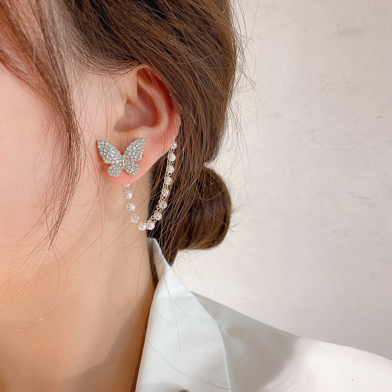 IFYOU Korean Personality Asymmetricear Ear Clips Simple Diamond Butterfly Pearl Tassel Earrings Fashion Jewelry Accessories