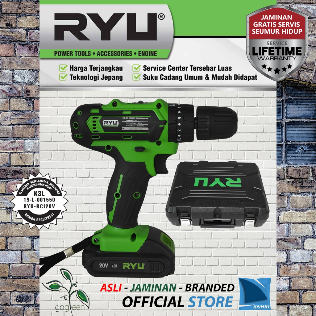 Mesin Bor Tanpa Kabel 20 Volt 3/8&quot; Inch PUKUL + LED + Koper + Mata Bor - Impact Cordless Drill RYU