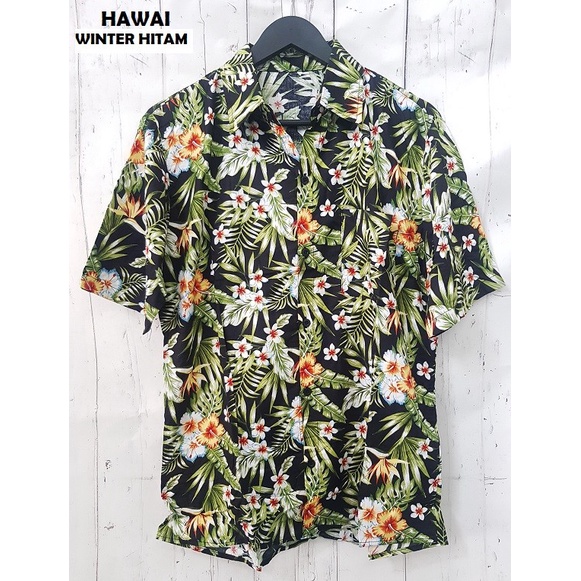 Kemeja pria MIX KEMEJA HAWAI PRIA LENGAN PENDEK HAWAI PASTEL RAYON LEMBUT 01 - WINTER HITAM putih le