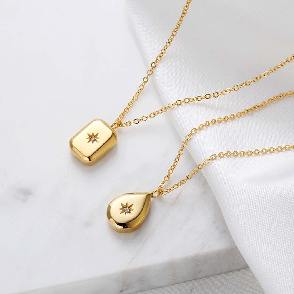 Needway  Party Gift Necklaces Elegant Metal Choker Clavicle Chains Drop Shaped Pendant Gold Color Women Girls Diamond Rectangle Pendant Sun Korean Style