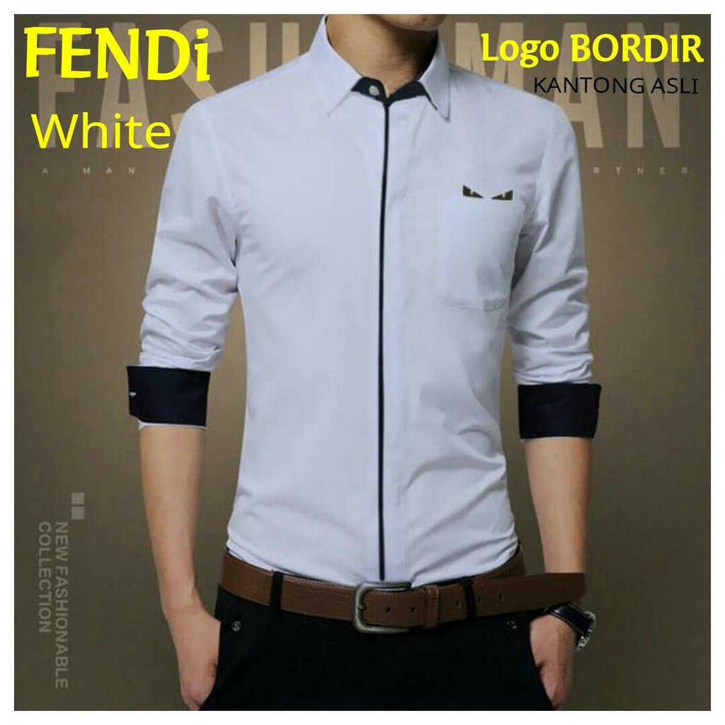 FENDI WHITE Kemeja Kerja Pria Warna Putih Kemeja Pria Slim Fit Formal