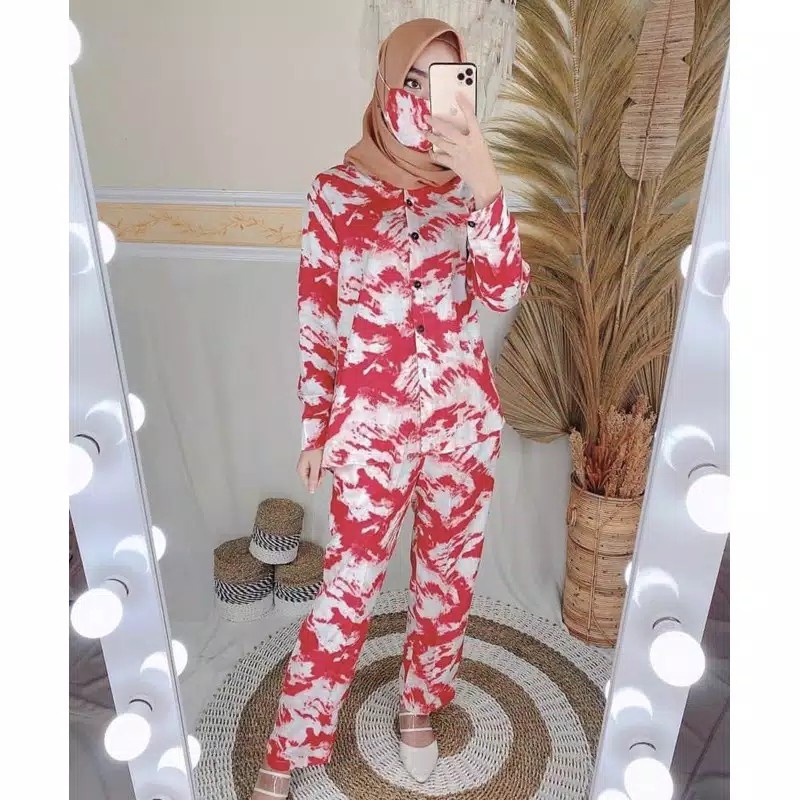 Galaxy Longsleeve Set - Baju Tidur Tie Dye Set / Daily Set / Piyama Kemeja Set PP Fit XL-PYM PP KIKY MERAH