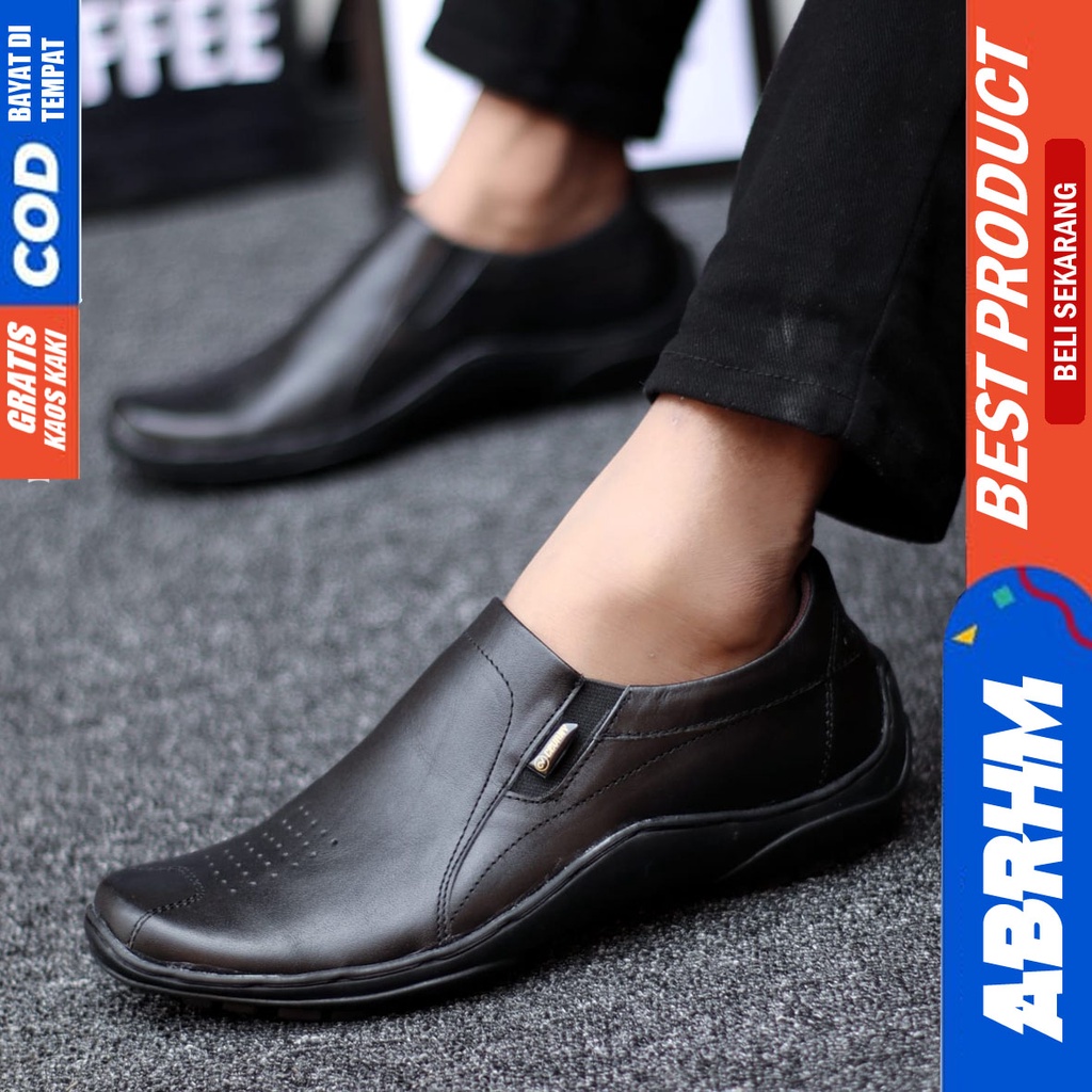 Sepatu Formal Pantofel Kerja Kulit Asli Hitam Pria ABRHM BADIL