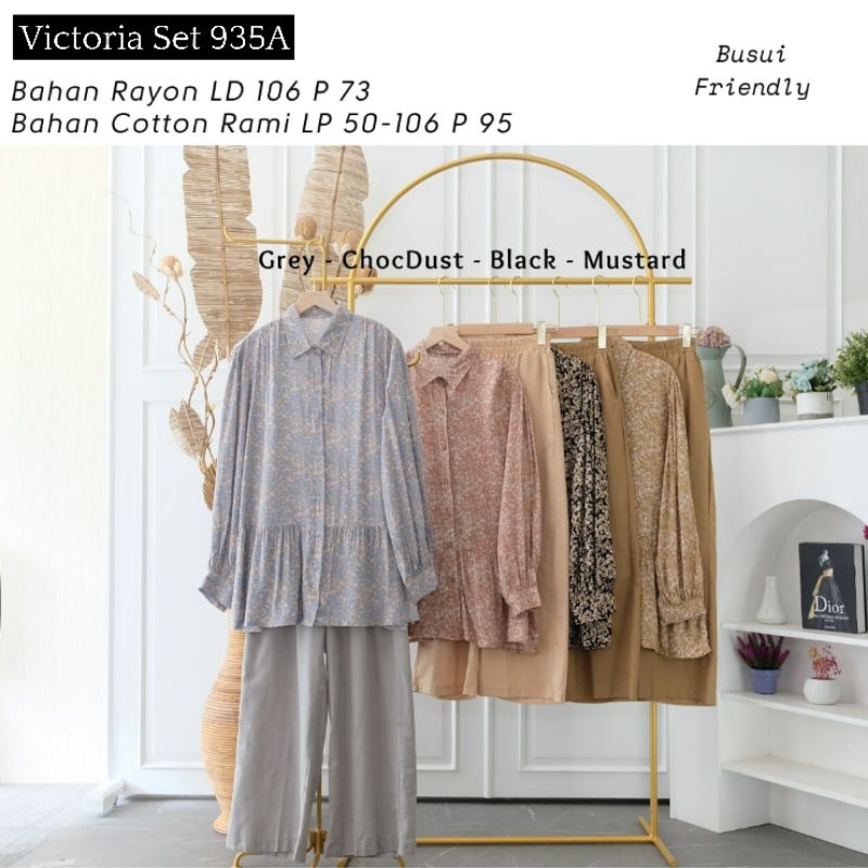 One Set Celana | Stelan Celana Wanita Motif Bunga Kecil | Victoria Rayon Set Premium | Setcel Kemeja