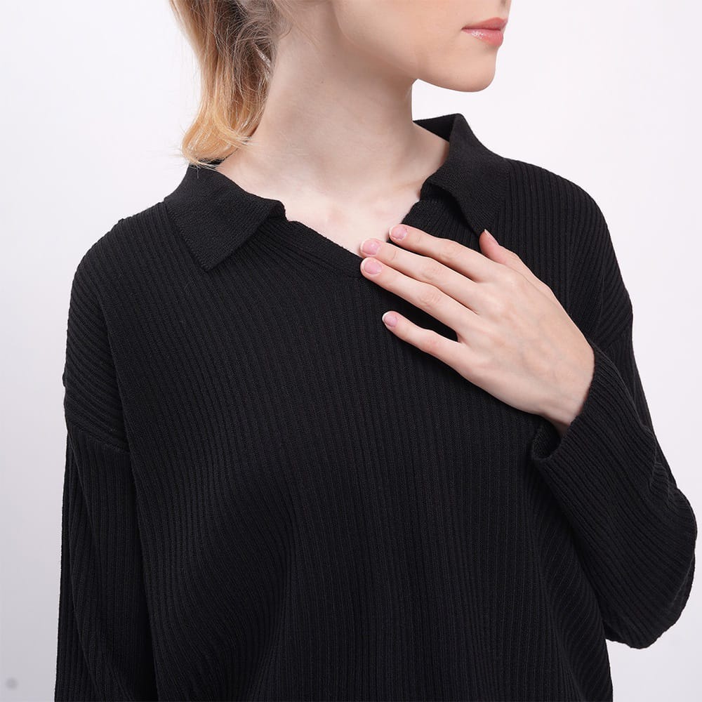 Knit crop rajut sweater blouse kerah polo shirt wanita