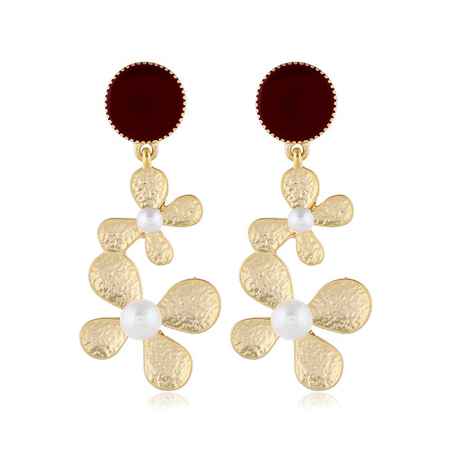 LRC Anting Tusuk Fashion Gold Pearl Flower Earrings F49334