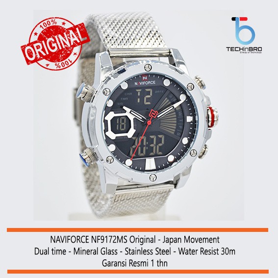 (PROMO) NAVIFORCE NF9172M SILVER ORIGINAL, WATER RESIST. DUAL TIME, SPORTY, MEWAH, BERGARANSI.