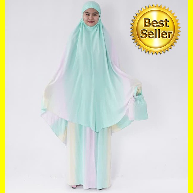 Mukena pelangi katun Bali Batik Dewasa SemiJumbo warna toska