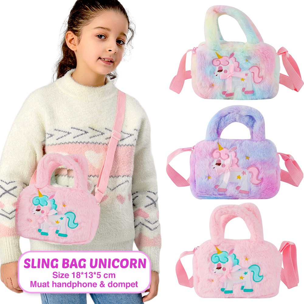 Tas Selempang Unicorn Bulu Sling Bag Motif PERSEGI tas jalan jalan anak lucu, berkualitas dan menggemaskan untuk kado ultah