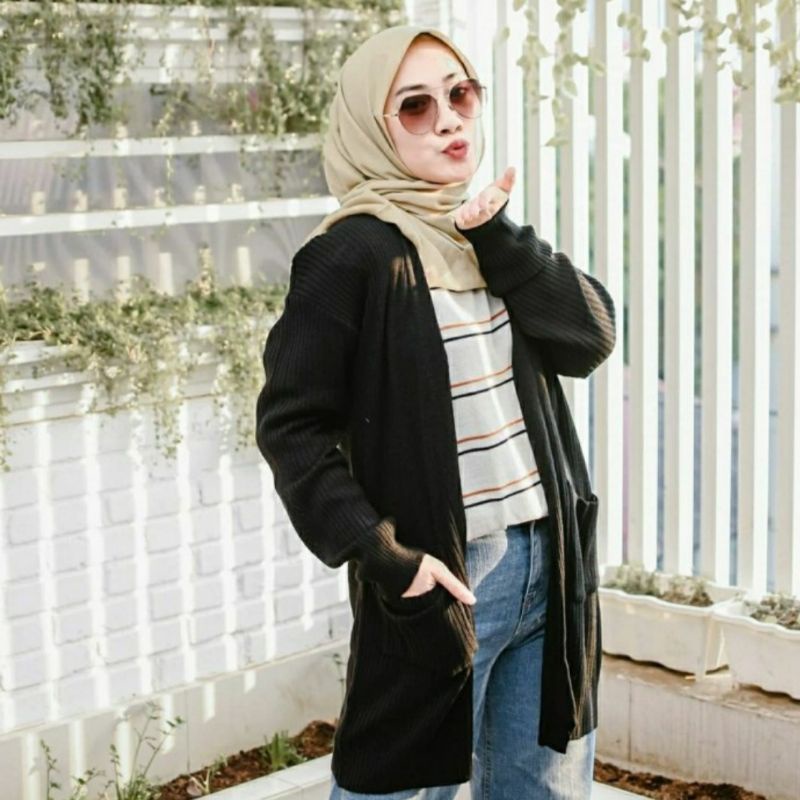 Long cardigan | Cardigan rajut panjang | Long cardy-Hitam