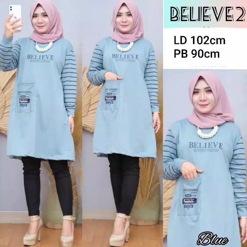 JF Atasan Tunik Kaos Babyterry Wanita Muslimah Terbaru BELIEVE