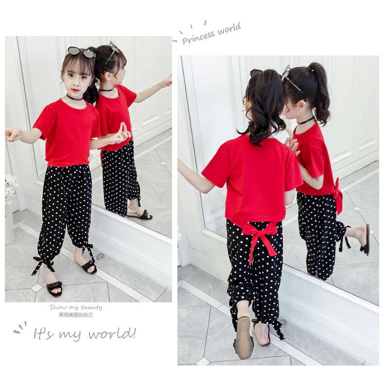 Stok bersih！ 3-13T Setelan Anak Perempuan Cewek Kaos Back Bowknot Warna Solid Lucu + Set Celana Hitam Dot Bandage