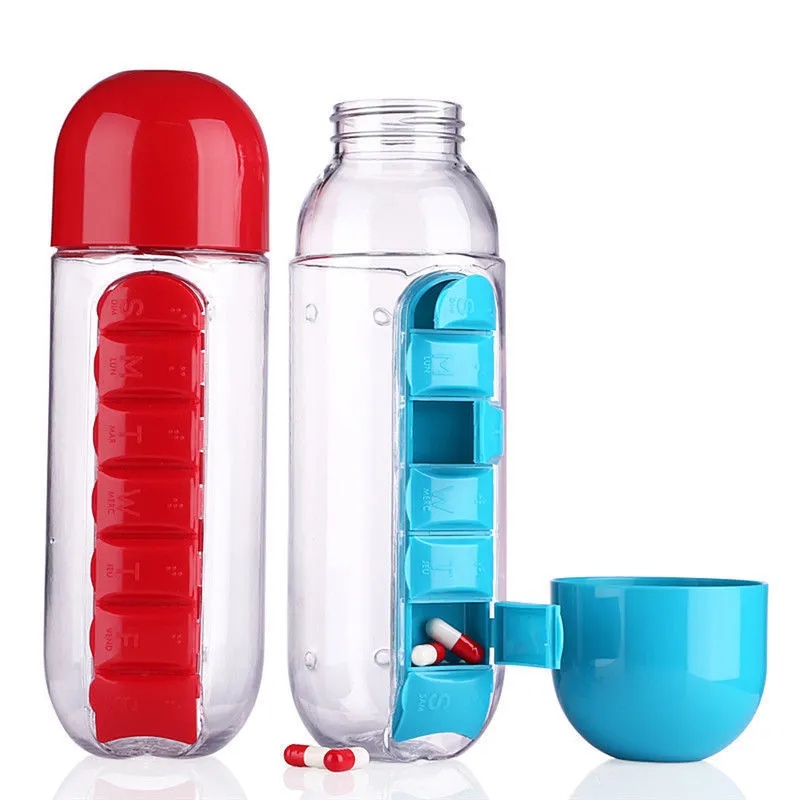 600ml Portable Water Bottle with 7 Compartments Pill Organizer Box / Patient Plastic Drinking Bottle Tea Cup Bottle Drinkware
