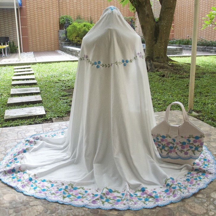 MUKENA TELEKUNG DEWASA SATIN VELVET BORDIR MALIKA PUTIH TULANG