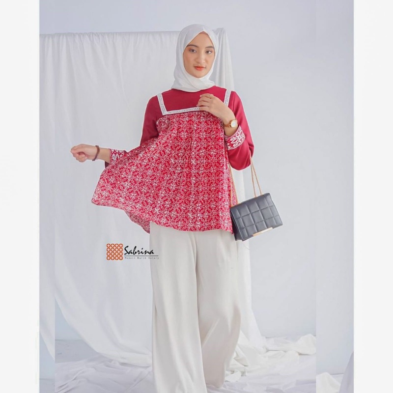 Adena Maroon Blouse Atasan Batik Wanita Kerja Kantor Modern Kekinian Katun Cap