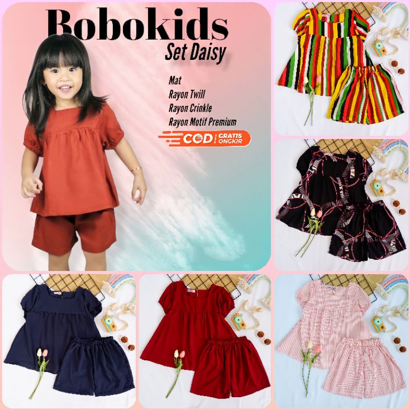 Set Setelan Pakaian Baju Celana Rayon Crinkle Premium Motif Anak Perempuan Cewek Bobokids Daisy Usia 1 2 3 4 5 6 7 Tahun