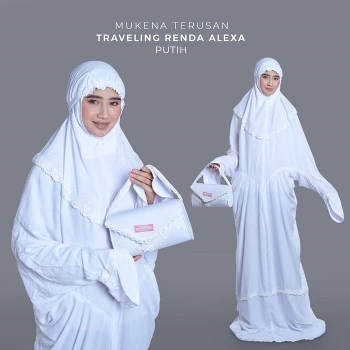 Mukena Remaja Dewasa bahan Rayon Bali  MUKENA TERUSAN TRAVELING RENDA ALEXA PUTIH