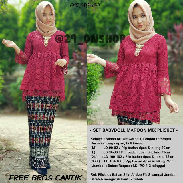 (ORIGINAL) SETELAN KEBAYA/KEBAYA MODERN/KEBAYA COUPLE/PLISKET/KEBAYA MURAH/BABYDOLL MAROON/BROKAT