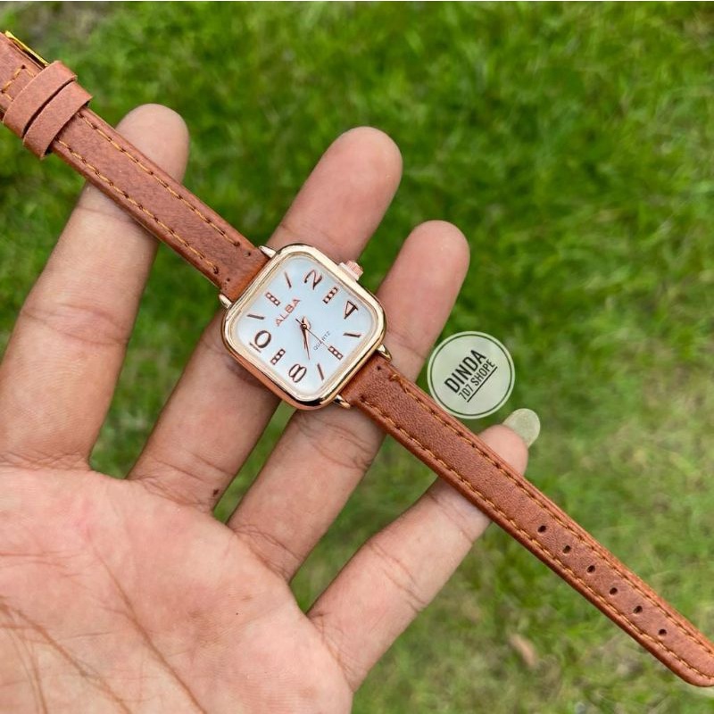 Jam Tangan Alba Tali Kulit Persegi Analog Kuarsa Fashion Wanita Stayl Korean Strap Kulit Frew Batrai Cadangan