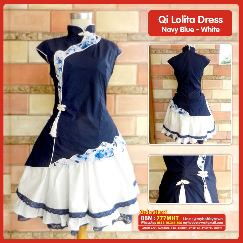 Qi Lolita Dress - Navy Blue Top &amp; White Skirt - Kostum Cheongsam Qipao