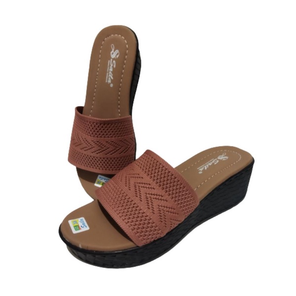 sandal wanita wedges slop turki rajut kotak merek saila hak 5cm