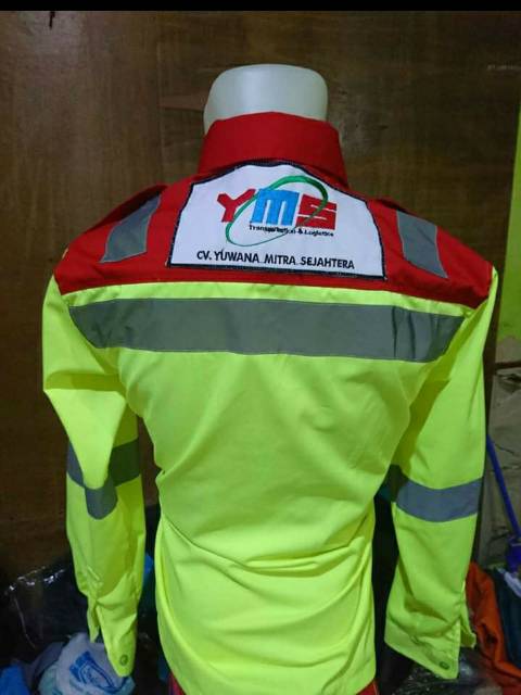 SERAGAM BAJU SAFETY STABILO KOMBINASI MERAH KANCING KAIN DRILL