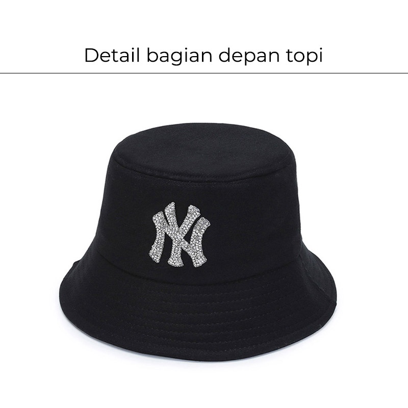 Bucket Hat Wanita Pria Korea Aksen Logo NY Kristal Bordir Fashion Hip Hop Trendy Kualitas terbaik BKAB