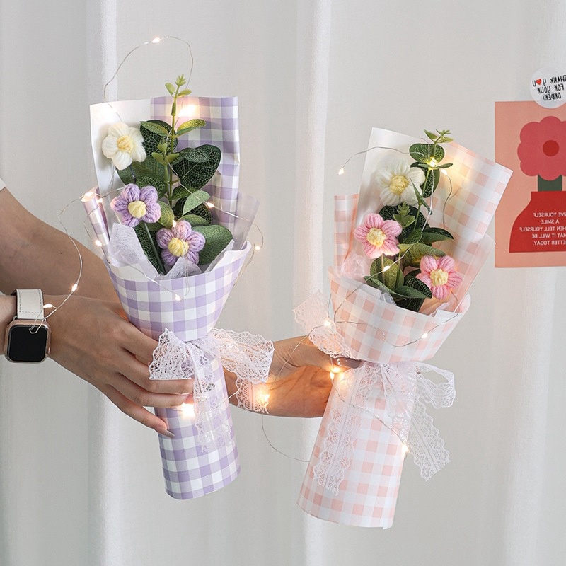 Crochet Anyaman Flowers Bouquet Bunga Rajut Dengan Lampu LED String Hadiah Tamu Pernikahan Pot Tanaman Bunga Dekorasi Rumah