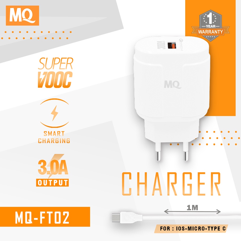 MQ Charger Qualcomm 3A 18W QC 3.0 with Cable Quick Charger Original FT02 - Garansi 1 tahun