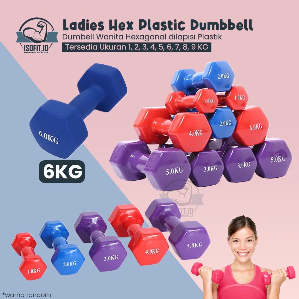 Isofit.id Ladies Hexagonal Plastic Dumbell / Barbel Hexagonal Plastik Wanita Size 6KG