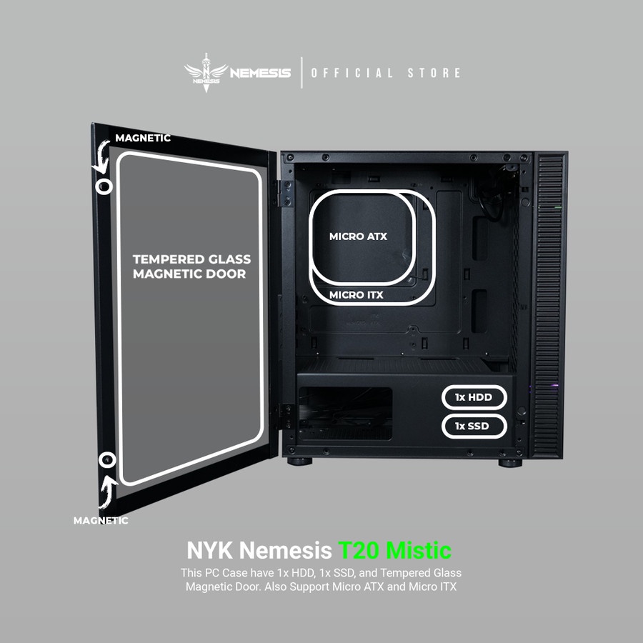 Casing Komputer Gaming NYK Mistic T20 Micro ATX Glass LED RGB include 1Fan - PC Case