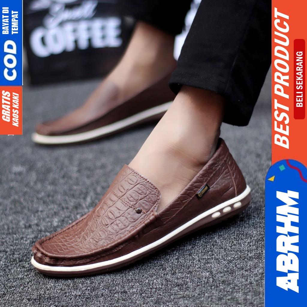 BRITANIC Sepatu Slip On Pria Kulit Asli Sepatu Pria Casual Pantofel Kulit Croco Sepatu Kasual Cowok / Cowo Kerja Kantor Kondangan Anti Slip Gaya Keren Kekinian