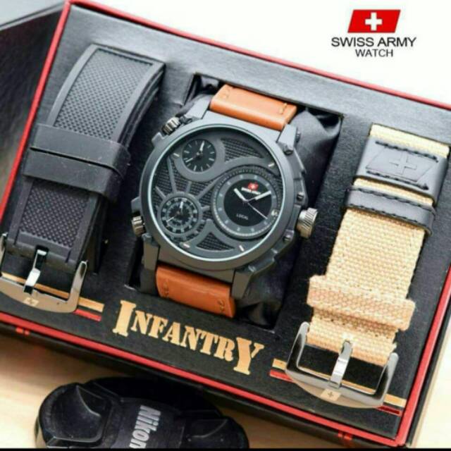 JAM TANGAN SW ARMY KULIT 3TIME FREE TALI RUBBER +KANVAS DIAMETER 5CM # JAM TANGAN PRIA MURAH